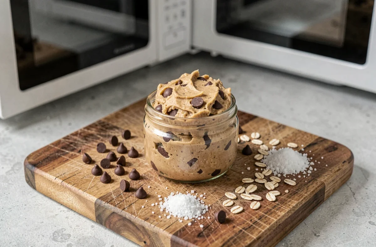 Cookie dough express en bocal en verre sur planche en bois avec éclats de chocolat et sel de mer, préparation micro-ondes visible en arrière-plan