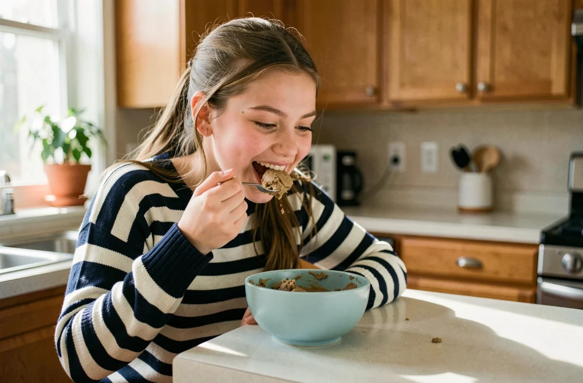 Adolescente dégustant un cookie dough express à la cuillère dans un bol bleu pastel, ambiance cuisine cosy et décontractée