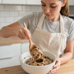 Femme préparant une recette express de cookie dough dans un bol en céramique blanche avec une cuillère en bois, cuisine moderne en arrière-plan