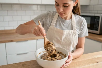 Femme préparant une recette express de cookie dough dans un bol en céramique blanche avec une cuillère en bois, cuisine moderne en arrière-plan