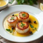 Coquilles Saint-Jacques poêlées avec une sauce beurre blanc dorée sur assiette blanche, vue du dessus