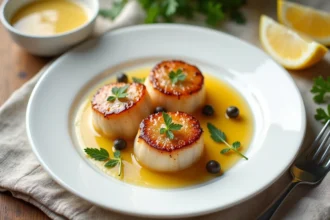 Coquilles Saint-Jacques poêlées avec une sauce beurre blanc dorée sur assiette blanche, vue du dessus