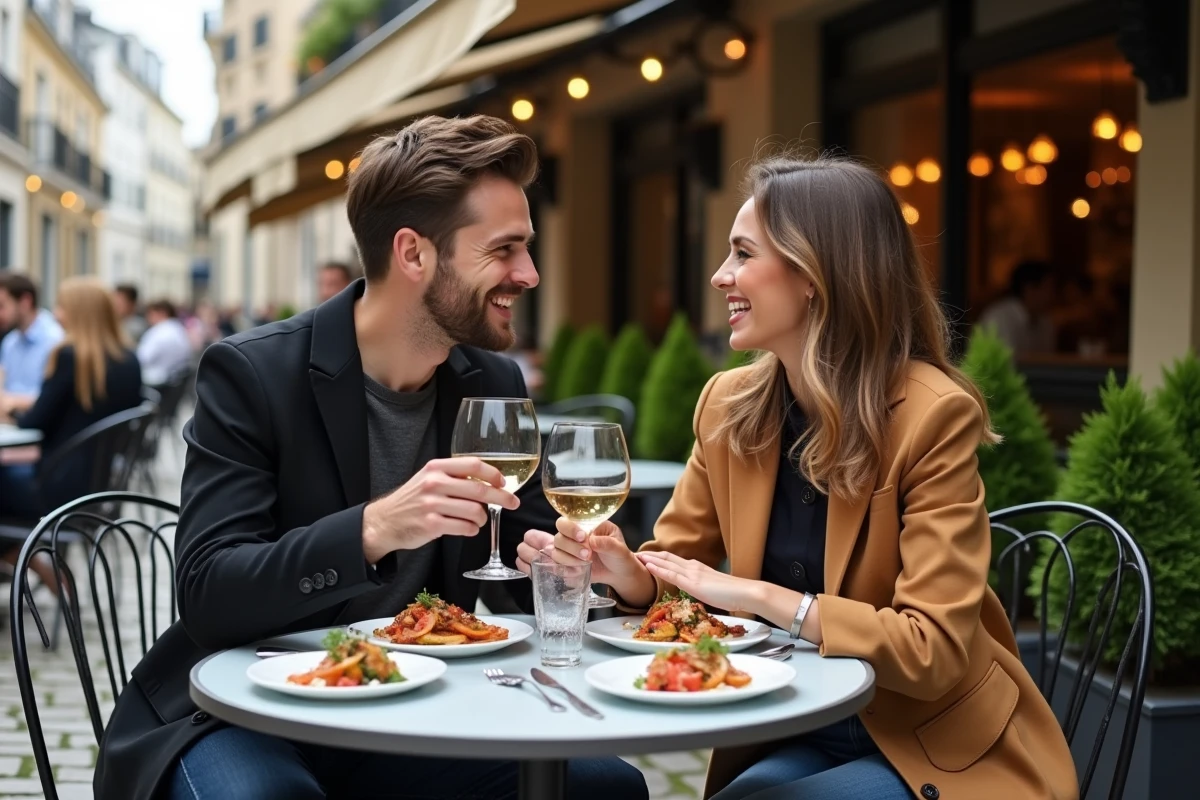 Jeune couple chic dégustant un repas en terrasse