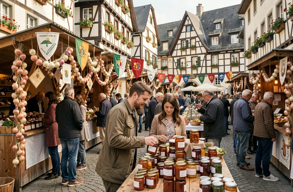 Couple visitant les stands de la Fête de l'Oignon dans une place animée d'une ville française avec architecture alsacienne