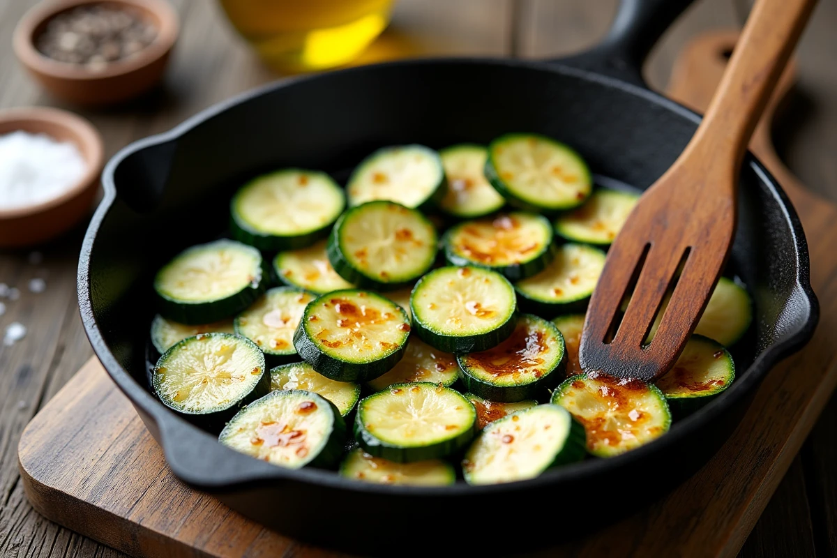 Gros plan de lanières de courgettes en train de caraméliser dans une poêle en fonte avec une spatule en bois