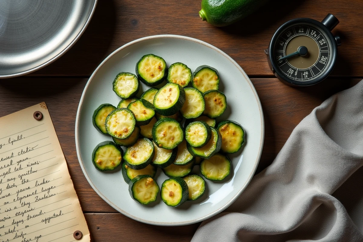 Vue de dessus d'une assiette de courgettes sautées sans eau avec une poêle, un minuteur et un torchon en lin sur une table en chêne