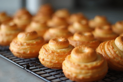 Pâtisseries craquelin choux dorées sur grille en lumière naturelle