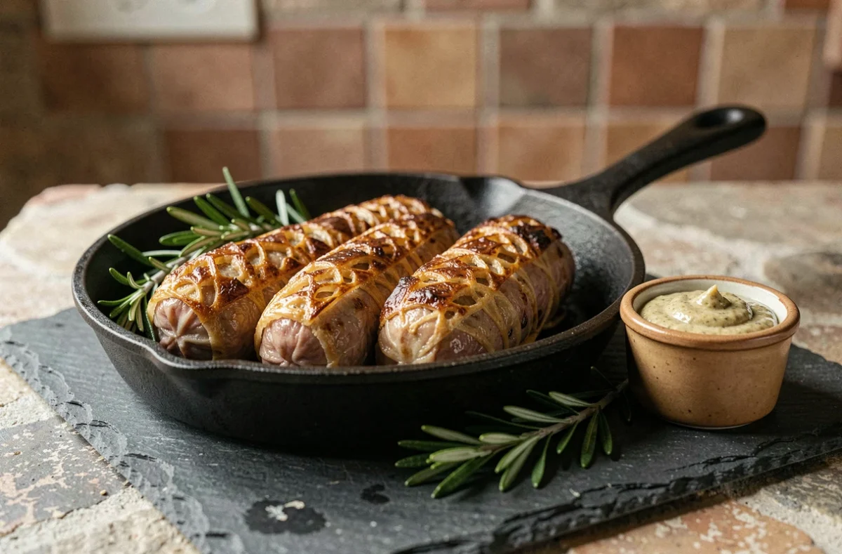 Crépinettes maison dorées et croustillantes dans une poêle en fonte avec romarin et moutarde à l'ancienne sur une ardoise rustique
