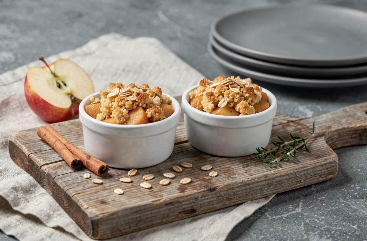 Deux ramequins de crumble aux pommes et flocons d'avoine sur une planche en bois, accompagnés d'une pomme fraîche et d'un bâton de cannelle sur une surface en pierre grise