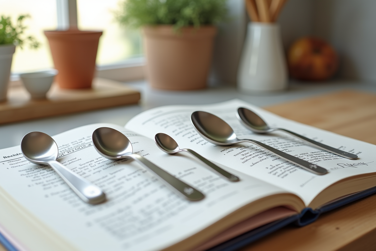 Set de cuillieres de differentes mesures sur un livre de recettes ouvert