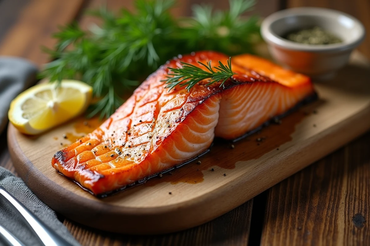 Cuir de saumon croustillant et doré sorti du four, présenté sur une planche en bois avec herbes et citron