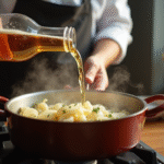 Chef versant une sauce à la bière belge dans une casserole chaude