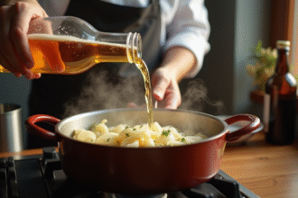 Chef versant une sauce à la bière belge dans une casserole chaude