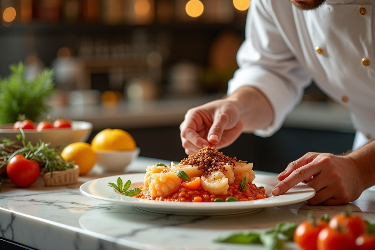 Cuisine élégante avec chef préparant un plat gourmet
