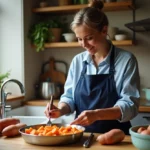 Femme dans la cuisine vérifiant des patates douces vapeur
