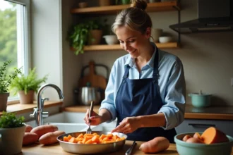 Femme dans la cuisine vérifiant des patates douces vapeur