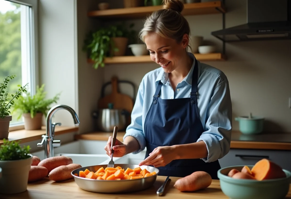 Femme dans la cuisine vérifiant des patates douces vapeur
