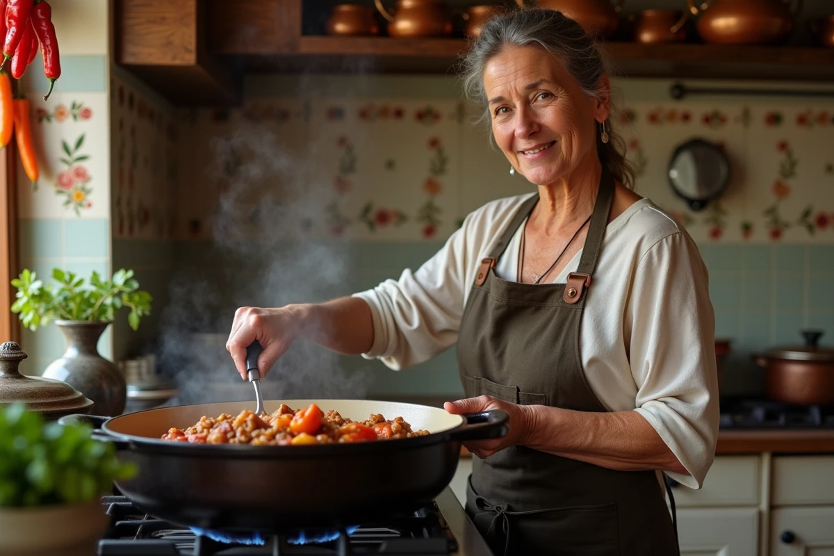 Femme cuisinant un goulash hongrois dans une cocotte en fonte sur une cuisinière vintage dans une cuisine traditionnelle