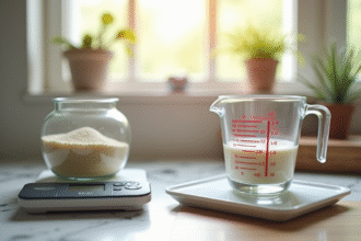 Plan rapproché d'une cuisine avec tasse à mesurer et balance numérique