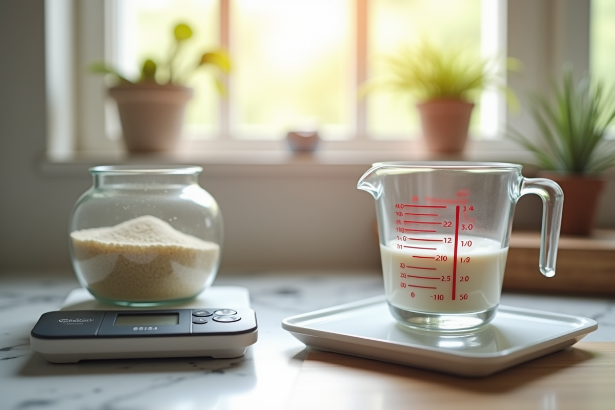 Plan rapproché d'une cuisine avec tasse à mesurer et balance numérique