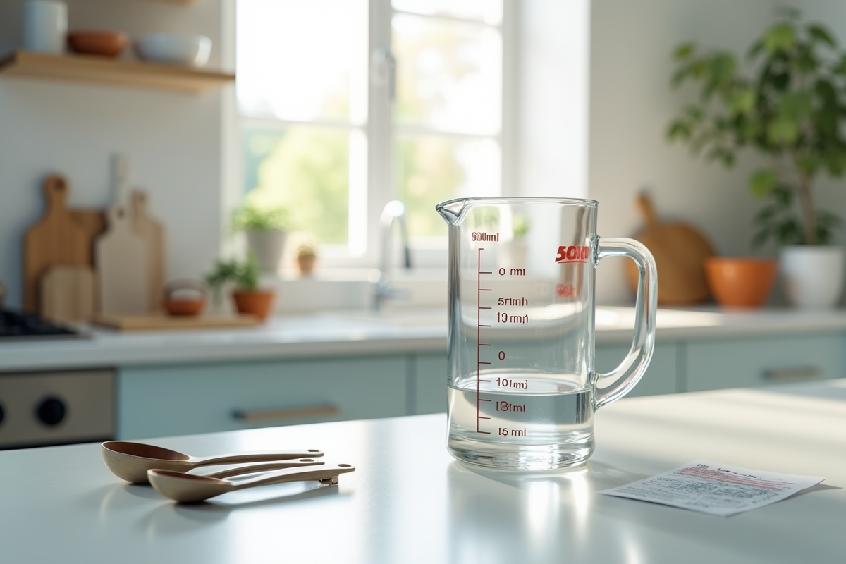 Plan d'une cuisine moderne avec verre doseur 500 ml et tableau de conversion