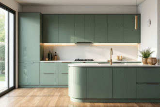 Cuisine moderne avec meubles vert sauge et lumière naturelle