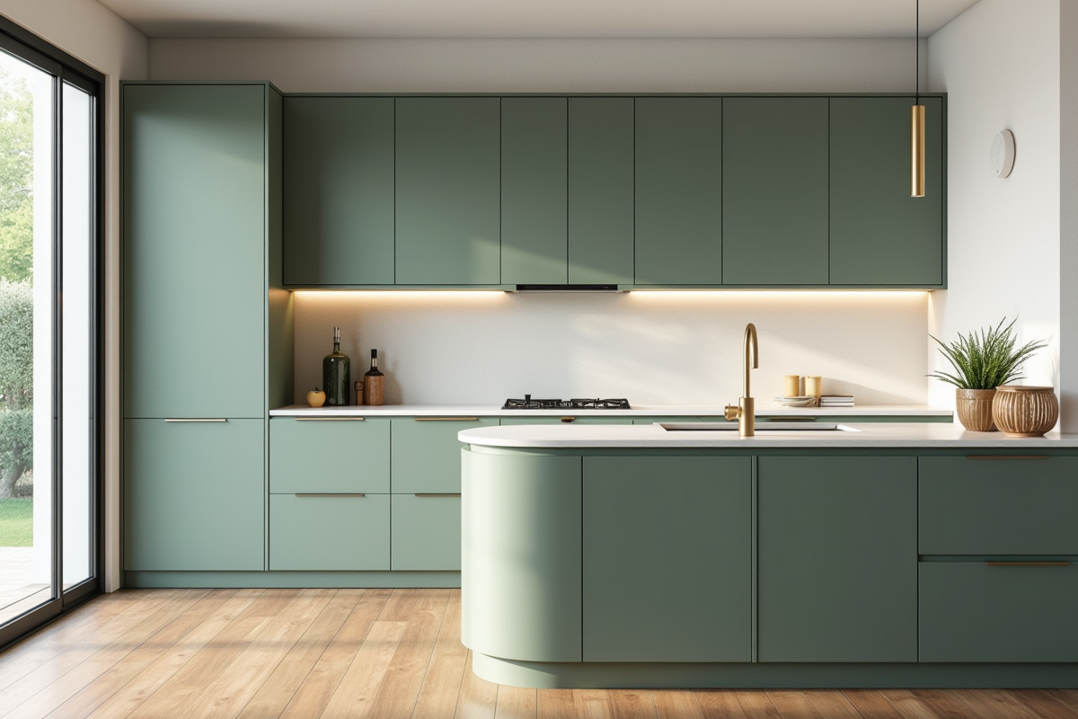 Cuisine moderne avec meubles vert sauge et lumière naturelle