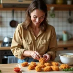 Femme souriante en cuisine préparant des tenders de poulet croustillants