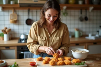 Femme souriante en cuisine préparant des tenders de poulet croustillants