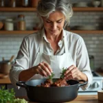 Femme préparant des jarrets d'agneau dans une cocotte en fonte
