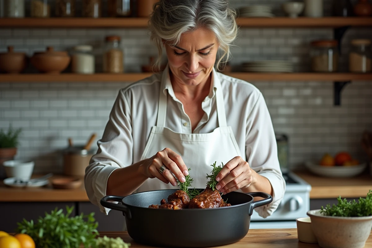 Femme préparant des jarrets d'agneau dans une cocotte en fonte
