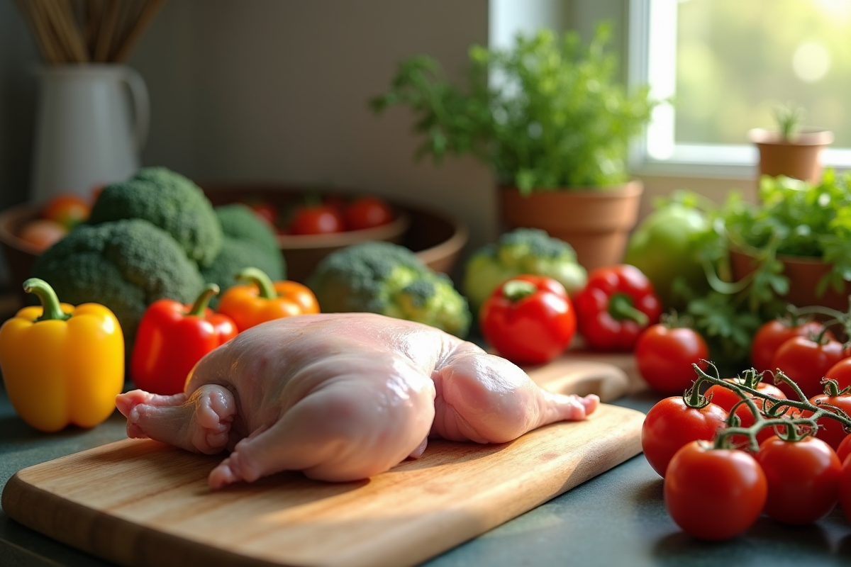 Préparation de légumes frais avec poulet cru sur le plan de travail