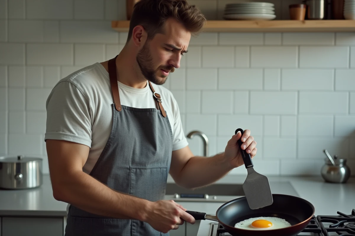 Cuisinier inspectant un œuf au plat dans une poêle antiadhésive pour vérifier les erreurs de cuisson et préserver les protéines