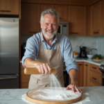 Homme en tablier saupoudrant de la farine près d'une pierre à pizza