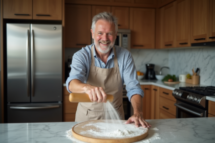 Homme en tablier saupoudrant de la farine près d'une pierre à pizza