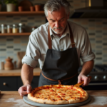 Homme d'âge moyen préparant une pizza maison dans une cuisine rustique