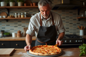 Homme d'âge moyen préparant une pizza maison dans une cuisine rustique