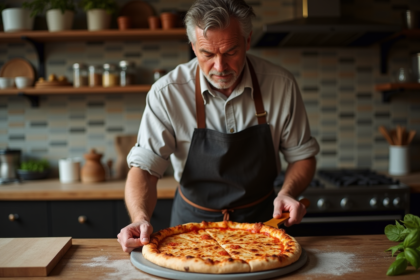 Homme d'âge moyen préparant une pizza maison dans une cuisine rustique