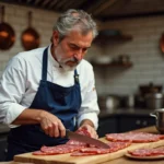 Cuisinier français tranchant du saucisson dans une cuisine lyonnaise