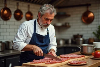 Cuisinier français tranchant du saucisson dans une cuisine lyonnaise
