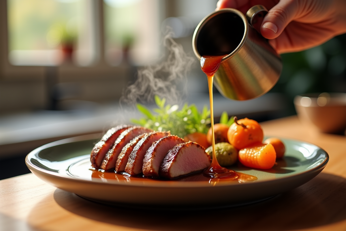 Cuisinier versant sauce sur le lapin avec légumes