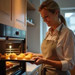 Femme en tablier sortant des canelés dorés du four