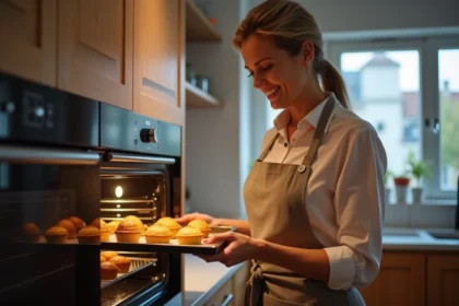 Femme en tablier sortant des canelés dorés du four