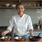 Femme en cuisine compare trois types de poêles métalliques