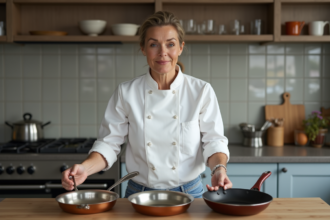Femme en cuisine compare trois types de poêles métalliques