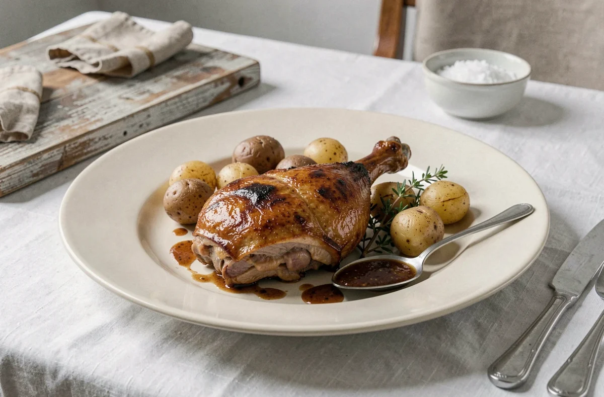 Cuisse de canard confite dorée servie dans une assiette avec pommes de terre et jus de cuisson réduit