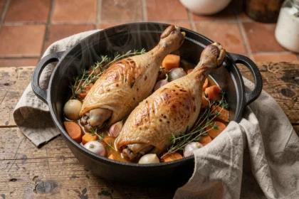 Cuisses de canard mijotant dans une cocotte en fonte émaillée avec herbes et légumes rustiques