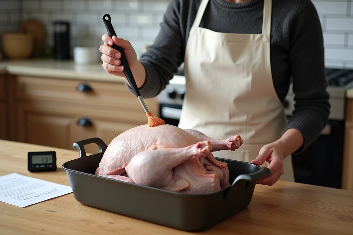 Cuisinier badigeonnant un chapon surgelé cru dans un plat à rôtir dans une cuisine moderne contemporaine