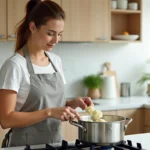 Jeune femme cuisinant des fleurettes de chou-fleur à la vapeur pour un repas de bébé dans une cuisine moderne