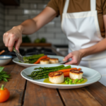 Femme en tablier blanc dressant coquilles SaintJacques avec légumes